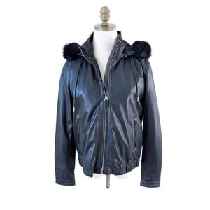 Massimo Dutti Black Faux Leather Hooded Jacket Size Medium Zip Up Made in India